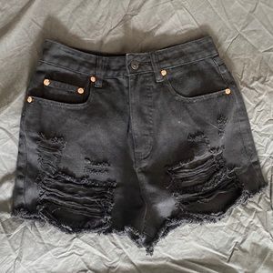 Black denim frayed cutoff shorts